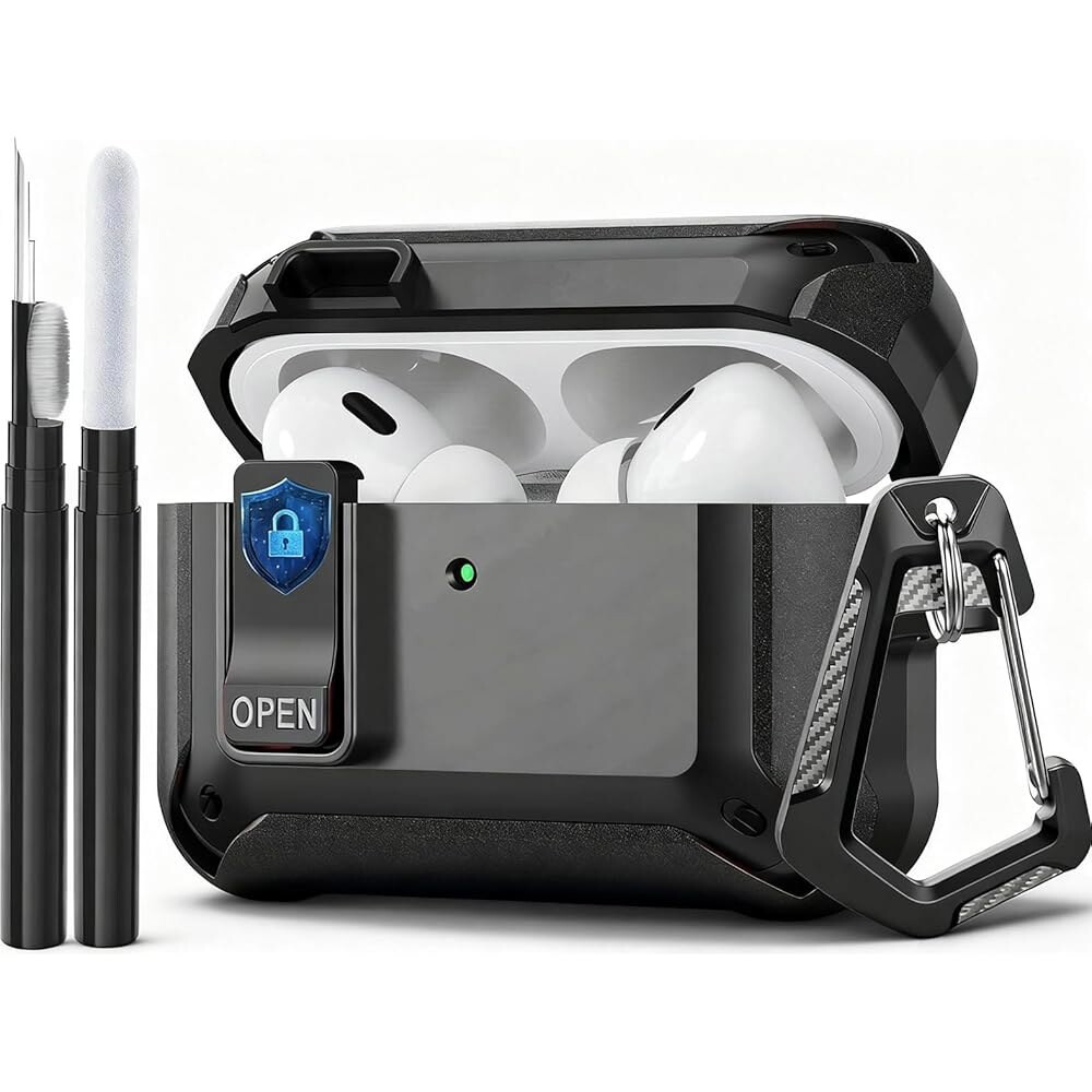 [해외] AIRPODS PRO 3 케이스 잠금 2025 충격 방지 IPOD 3세대 보호 커버와 호환되며 청소 키트 및 카라비너 블랙