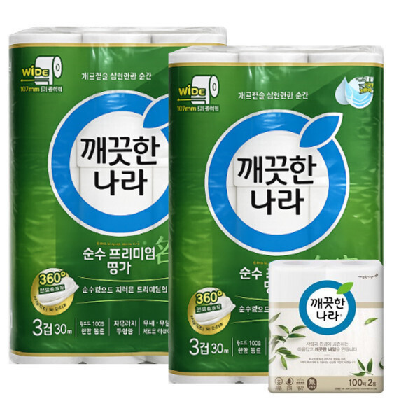 [오늘출발] 깨끗한나라 순수 프리미엄   3겹 와이드 107MMX30MX30롤X2팩+키친타올200매