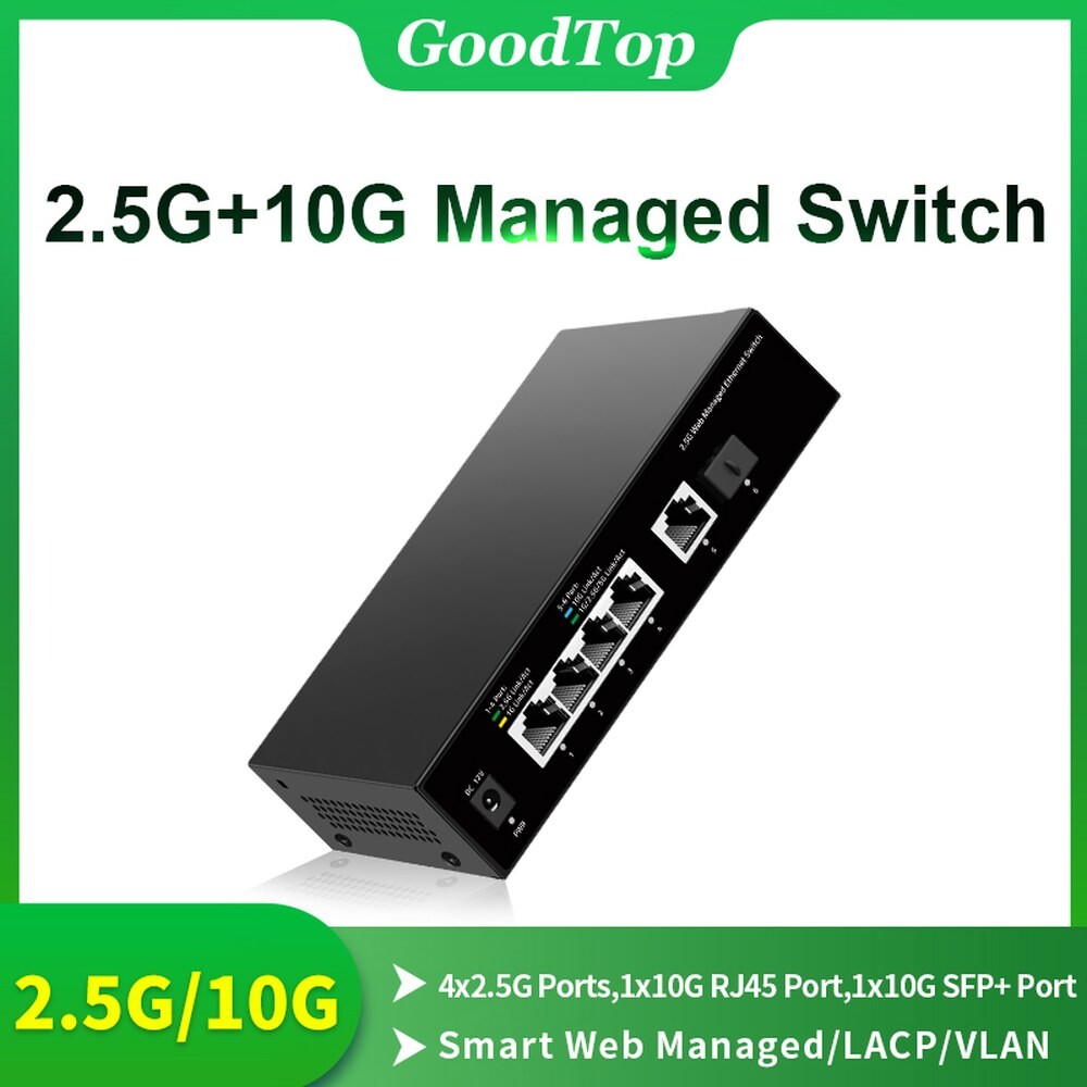 [해외] 굿탑 5GB 스위치 4포트 5G 관리형 네트워크 10G RJ45 10GBE 홈랩 포함 슬롯 설정용 SFP 1개 이더넷 포트
