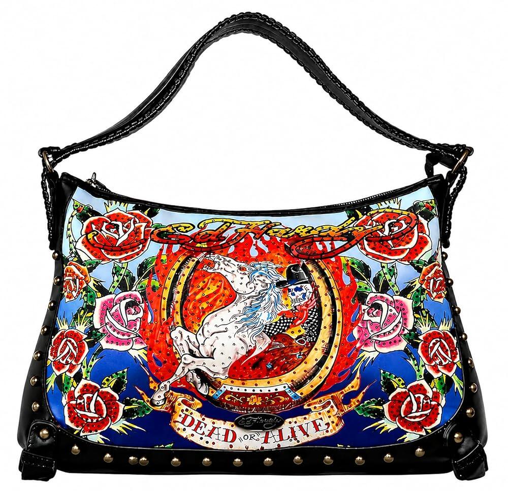 [해외] 에드하디 ED HARDY Dead Or Alive Hobo 숄더백 Studded Rhinestone Skull Roses Large 595252
