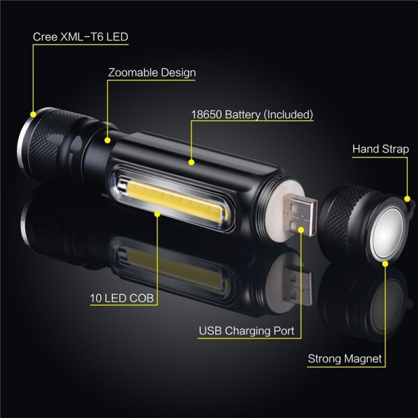 [해외] T6 강한 빛 LED Usb 충전식 손전등 자기 토치 Lanter Zoomable COB 줌 하이라이트 야외 조명