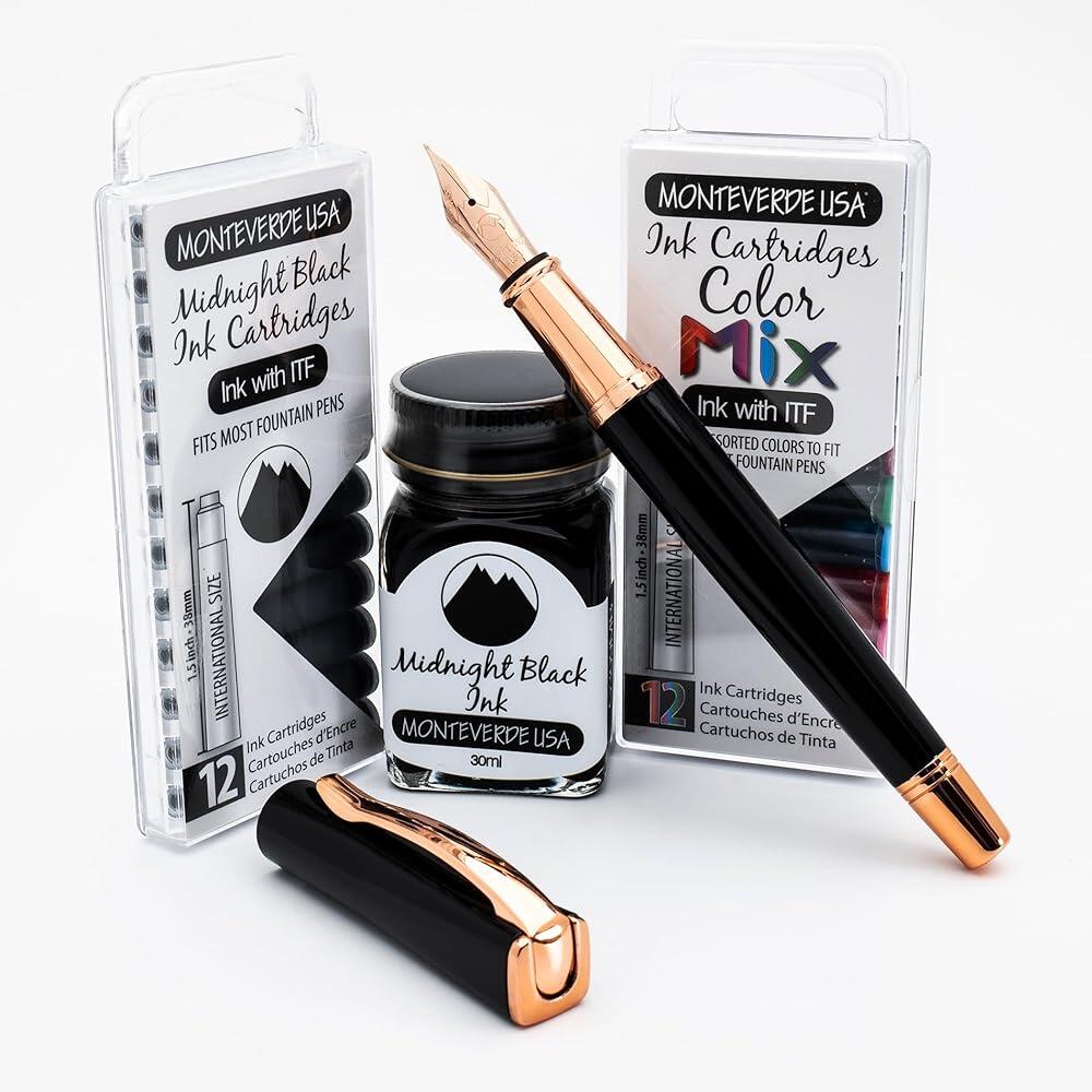 [해외] Monteverde USA Impressa 만년필 - 블랙  24K 금박 로즈 골드 펜 24K 금박 골드 옴니플렉스 펜촉 무료