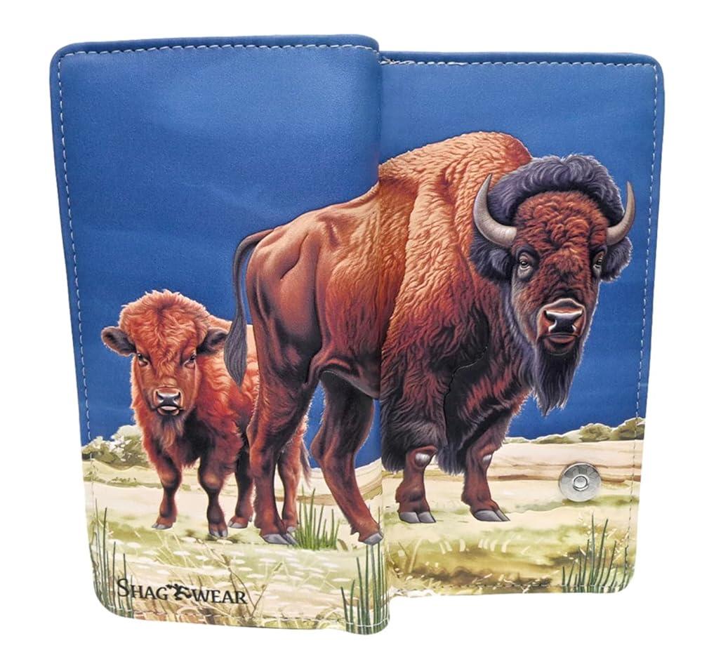 [해외] Shag Wear Buffalo Plains 대형 지갑 비건 인조 가죽 웨스턴 야생 동물 디자인 클러치 카드 슬롯 지폐 수납
