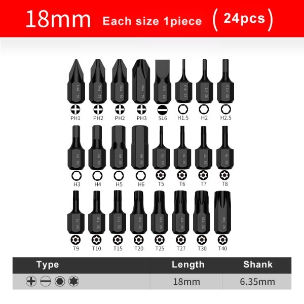 [호환] 24 개/몫 18mm 긴 슈퍼 짧은 비트 1/4 육각 생크 필립스 호환 슬롯 형 Torx 드라이버 T5-T40 H1.5-H6 PH1 S