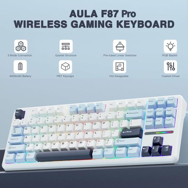 AULA F87 Pro 무선 기계식 키보드 TKL 맞춤형 핫 스왑 PBT 게임용 키보드(회색 목재 축 2.4Ghz/USB-C/BT RG
