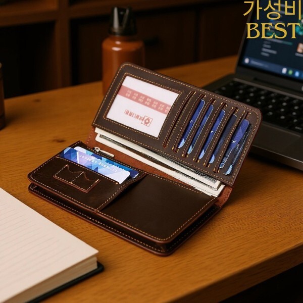 [오늘출발] [해외] 남성용 롱 지갑 크레이지 호스  가죽 레트로 수제 대용량 멀티 카드 슬롯 클러치 백