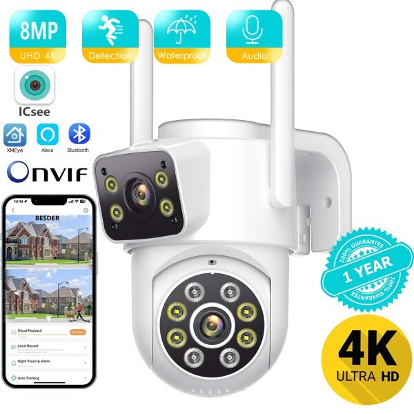 [오늘출발] BESDER 4K PTZ Wifi IP 카메라 8MP 듀얼 렌즈 AI 인체 감지 무선 야외 보안 CCTV 듀얼 스크린 ICSEE 앱 제