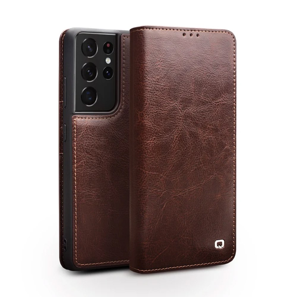 [해외] QIALINO Luxury Genuine Leather Phone Cover 삼성 갤럭시 S21 S22 S23 Plus 5G Flip Case 함께 Card Slots