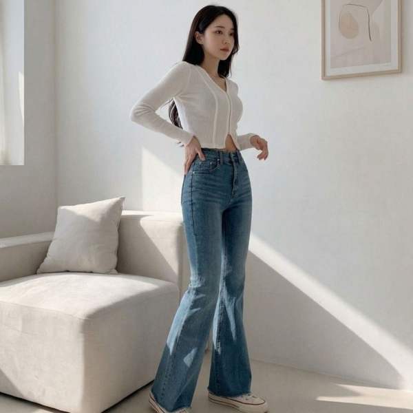 (에이치플러스몰)부츠컷 청바지 여성 데님팬츠 키작녀 히든밴딩 스판