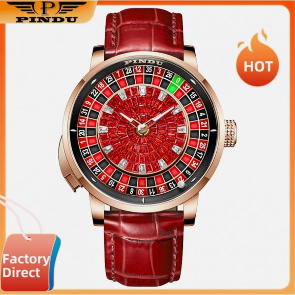 [해외] PINDU Men 자동 시계 세금포함 정품 46mm Casino Roulette 가죽 스트랩 드레스 패션시계 명품시계 손목시계