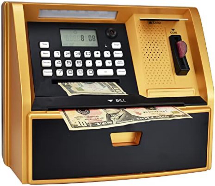 [해외] ATM 저축 은행  직불 카드 포함  실제 돈을 위한 전자 돼지 저금통  동전 인식  목표 설정  암호 로그인