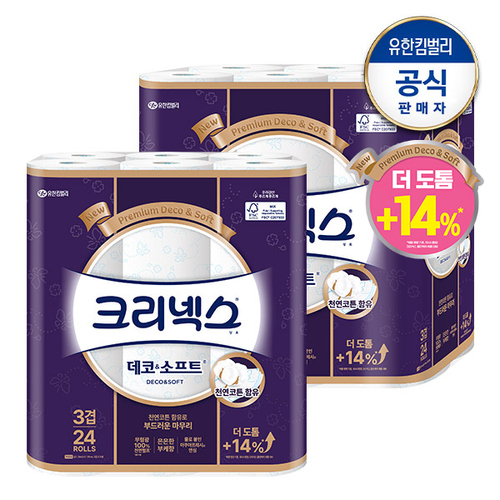 크리넥스 3겹 천연펄프 데코 소프트 화장지 34M-24롤x2팩+마이비데30매증정(랜덤)