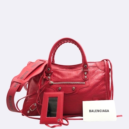 [중고] 발렌시아가 중고명품 431621 레드 레더 클래식 시티 S사이즈 모터 로고 스트랩 토트백 + 숄더스트랩 2WAY