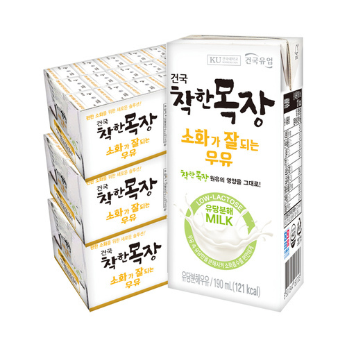 건국유업 건국우유 착한목장 소화가 잘되는 우유 190ML 72팩 유당불내증