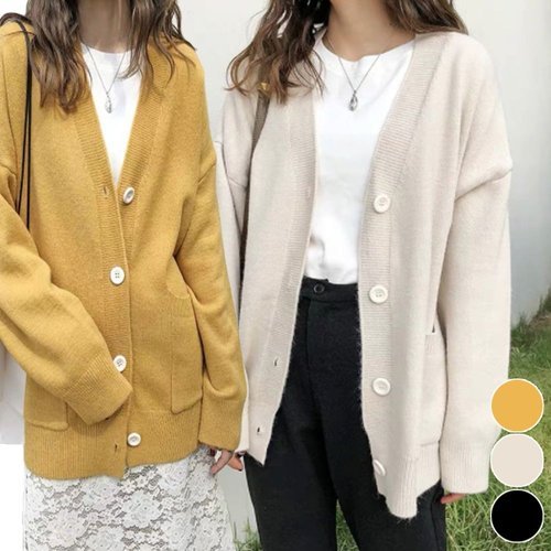 기타 루즈핏 여자 가디건 니트 빅단추 오버핏 캐주얼_WB68CBA