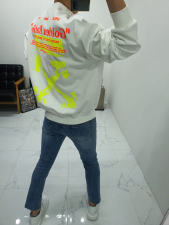 쿤 koon 무료배송 이중 합포 면 네온 형광 사각 애로우 프린트 GOLDEN RATIO 레터링 자수 라운드넥 긴팔 맨투맨 티셔츠 남자 여자 공용