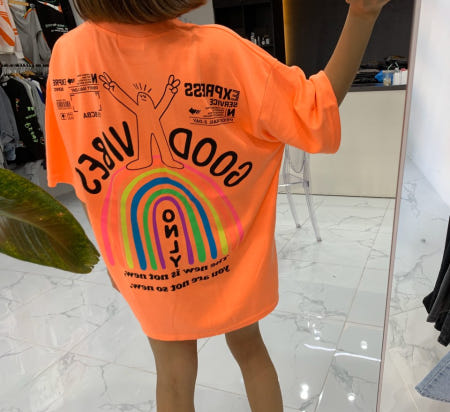 쿤 무료배송 기획 특양면 폴리 혼방 네온 형광  GOOD VIBES 무지개 프린트 오버핏  반팔 티셔츠 남자 여자 공용 박스티