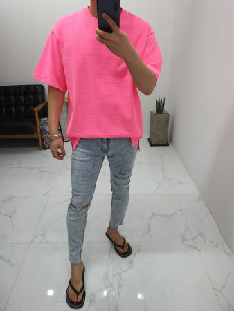 쿤 무료배송 4컬러 기획 무지 10수면 네온 형광 오버핏 반팔 롱 티셔츠 남자 여자 공용 박스티