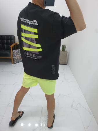 쿤 무료배송 2컬러 오버핏 쿨 드라이 고밀도 면 폴리 COMPLCTION 레터링 네온 테잎 전사 프린트 반팔 티셔츠 남자 여자 공용 커플 반팔 티셔츠