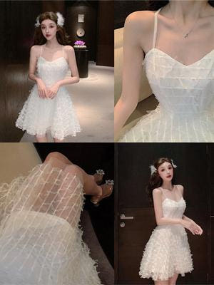 [해외]파티복 이브닝 웨딩 드레스 돌잔치 피로연 셀프 화이트 망사 나시 미니드레스 생일파티 노출 기품있는 송년 파티 원피스녀