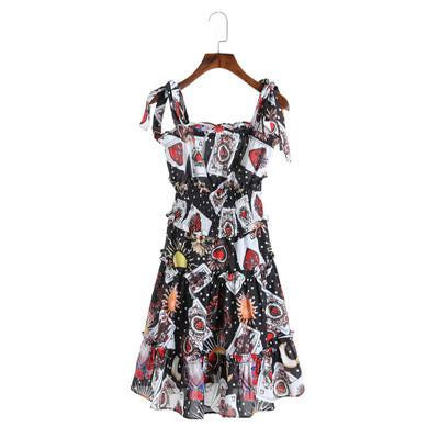 [해외]파티복 이브닝 웨딩 드레스 돌잔치 피로연 셀프  여름 시즌 디리제바 스타와 같은 포커 프린트 나시 a라인 치마 명원 원피스