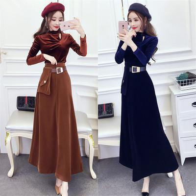 [해외]파티복 이브닝 웨딩 드레스 돌잔치 피로연 셀프 가을 겨울 패션 양키츠 세트 골드 벨벳 상의 여신 포멀 명원 스커트 투피스