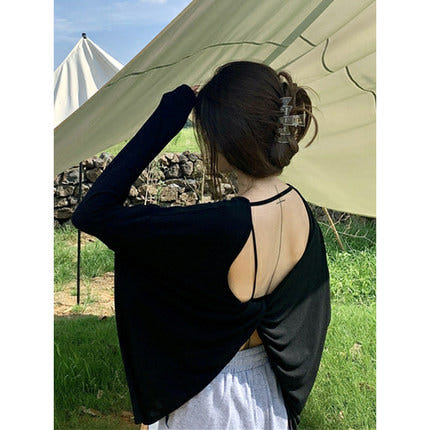 [해외]여자옷 올가을 나태한 의상과 심기 노출이 불규칙한 주름 자외선 차단 블랙 T녀