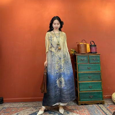 [해외]에스닉 원피스 항저우 시류룩 모시 프린트 루즈핏 라운드 2021 여름 레트로 문예