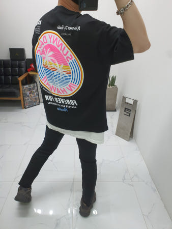 쿤 koon 무료배송 기획 특양면 폴리 혼방 네온 형광 서클 야자수 썬셋  레터링 프린트 오버핏  반팔 티셔츠 남자 여자 공용 박스티