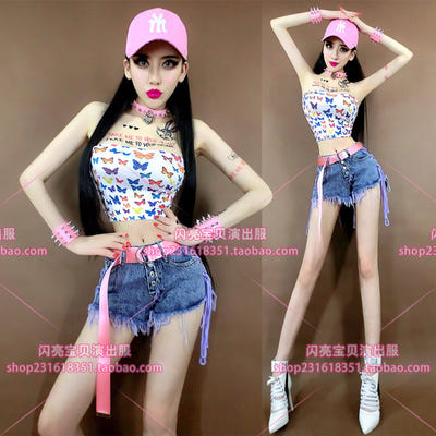 [해외]폴댄스 봉 의상 소품 룸살롱 ds공연복 고고댄스 dj 여가수 봉춤 파티 컬러 버터플라이 브라탑 세트