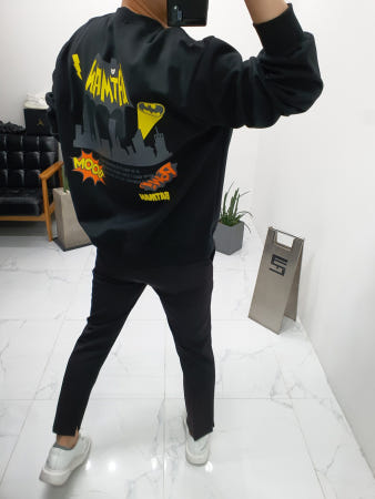 쿤 koon 무료배송 이중지 합포 면 이중지 합포 면 번개 박쥐 boom 고담시 전사 프린트 라운드넥 긴팔 맨투맨 티셔츠 남자 여자 공용 커플 맨투맨