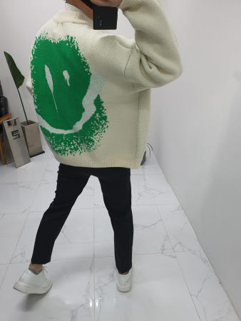 [쿤 협력사]쿤 무료배송 오버핏 조커 스마일 패턴 배색 자가드 헤비 니트 가디건 남자 여자 공용 빅사이즈  커플 가디건