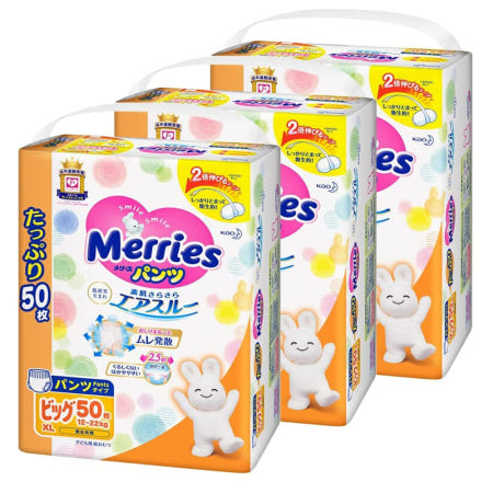 [해외]Merries 메리스 기저귀 12~22kg 기저귀 50시트 3팩 XL Merries Pants, Big Size