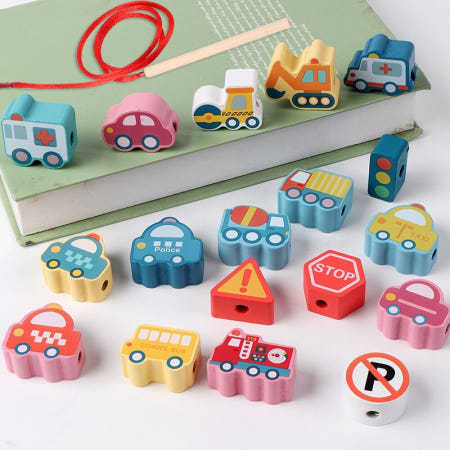 [해외]나무 블록 만화 동물 과일 모인 스레딩 감 DIY 만들기 목걸이