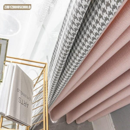 [해외][무료배송]북유럽 스타일 거실 용 커튼, 심플한 하운드투스 자카드 암막 커튼 패브릭, 단색 스티칭 암막 패브릭