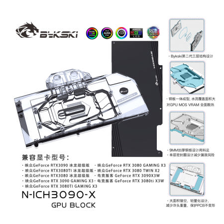 [해외](해외배송)BYKSKI N-ICH3090-X / INNO3D GeForce RTX 3080 3080Ti 3090 5V RBW GPU 풀커버 워터블럭 / 전용 백플레이트 포함