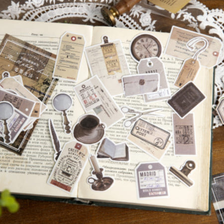 종이스티커 빈티지 레트로 달 여인 티켓 꽃 나비 식물