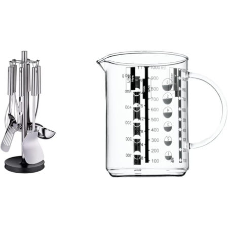 [해외]WMF Profi Plus 주방 용품 세트 7피스, 도우미 6개가 있는 스탠드, 국자, 슬롯형 스푼, 웍 터너 및 고급 유리 계량 컵 1리터, 내열 유리, 리터, 밀리리터용