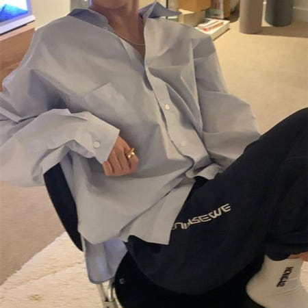 [해외]핏예쁜 하늘색 코튼 여성 오버핏 긴팔 셔츠 가을 블라우스 627091