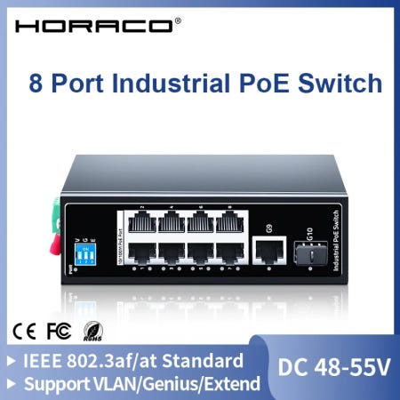 [해외]HORACO 산업용 POE 스위치 10 포트 100Base-T DIN 레일, 벽걸이 형 기가비트 업 링크 SFP 네트워크 이더넷 스위처, DC 48-55V
