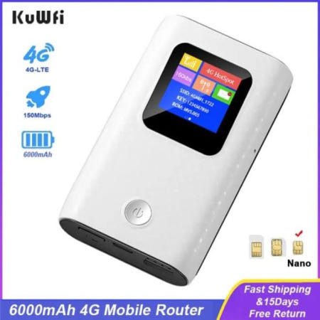 [해외]와이파이 라우터 KUWFI 잠금 해제 4G LTE 한국 야외 WIFI 핫스팟 6000MAH 모바일 무선 휴대용 모뎀 SIM 카드 슬롯 미니 공유기 150MBPS SK KT