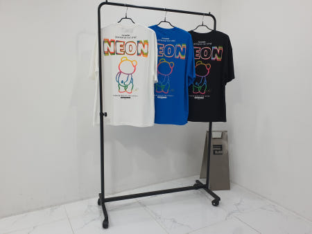 쿤 무료배송 기획 특양면 폴리 혼방 네온 형광 라인 곰돌이 프린트 오버핏  반팔 티셔츠 남자 여자 공용 박스티