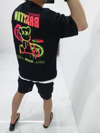 쿤 무료배송 기획 특양면 폴리 혼방 네온 형광 BRAXTON 레터링 곰돌이 프린트 오버핏  반팔 티셔츠 남자 여자 공용 박스티