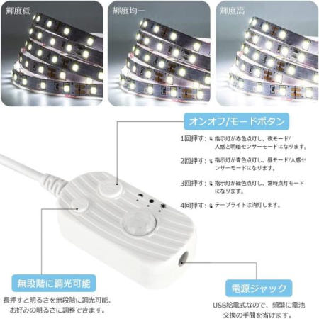 LED 테이프 라이트 스트립 일루미네이션 인감 명암 센서 부착 간접 정면 발광 절단 가능 설치 USB급전식 복도 문 현관 점포 장식용 휴일용