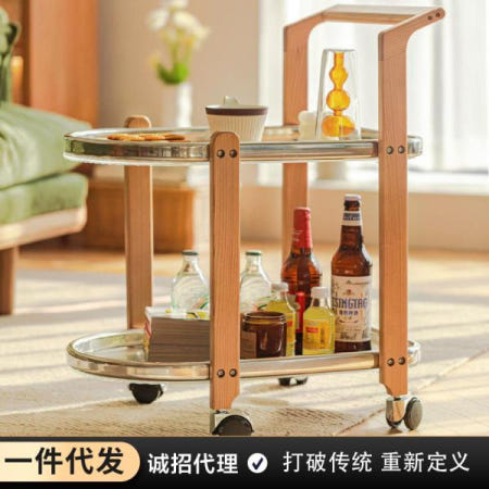 인터넷 셀럽 일본 거실 단단한 나무 트롤리 유리 조명 고급 선반 중세풍 이동식 소파 측면