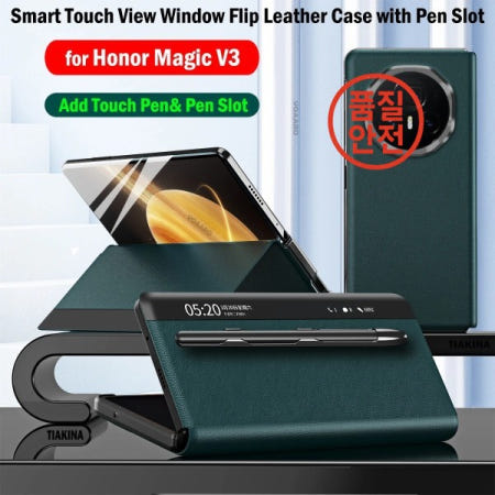 어라운드뷰명예 매직 V3 케이스 용 스마트 터치 뷰 창 플립 가죽 커버 패션 웨이크 업 슬리핑 펜슬 슬롯이있는