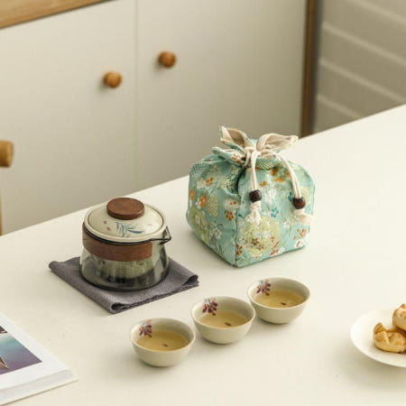 [해외]손으로 그린  등나무 꽃 퀵 게스트 컵 1 인칭 차 세트 유리 휴대용 여행 야외 주전자 보관 가방