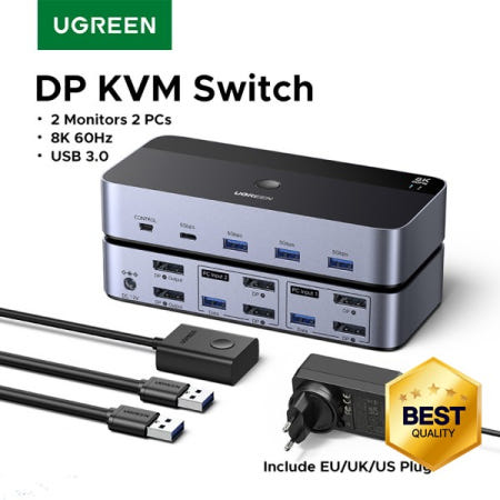 100% 호환UGREEN DP KVM 스위치 2 모니터 PC 8K 60Hz USB 3.0 노트북 데스크탑 프린터용 HDR 3D 키보드 마우스 공유