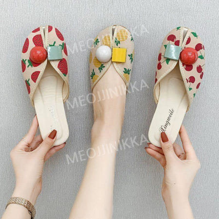 [해외]뒤꿈치없는 과일 구두 편안한 신발 가죽 반 슬리퍼 여름 여성용 샌들 옐로우 파인애플 36 큰 크기를 취하십시오