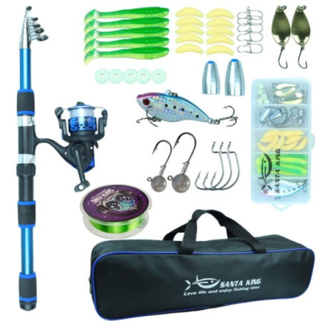 [해외]낚싯대 SANTA KING FISHING ROD REEL COMBO FULL KITS WITH TELESCOPIC AND SPINNING BAITS HOOKS TRAVEL